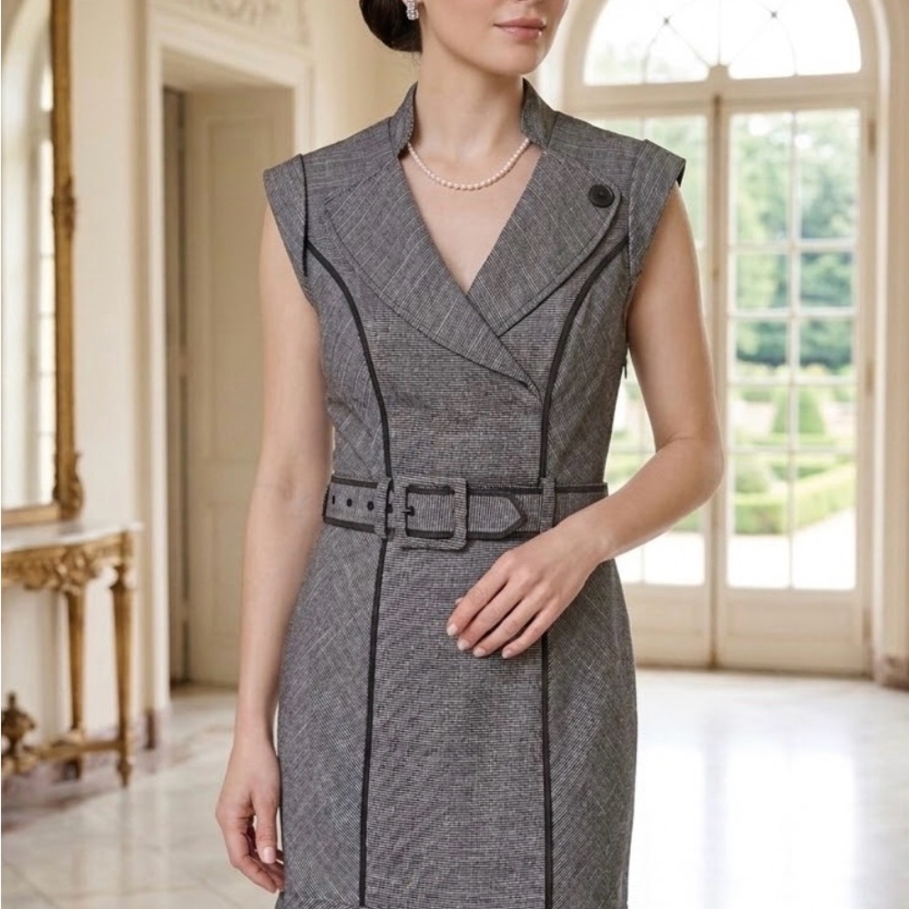 le chateau Gray Sleeveless Belted Sheath Dress with Contrast Piping